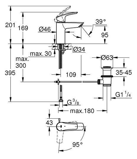 GROHE Waschtisch-Einhebelmischer Eurosmart 1/2", S-Size, mit Zugstangen-Ablaufgarnitur, Mittelstellung kalt, chrom