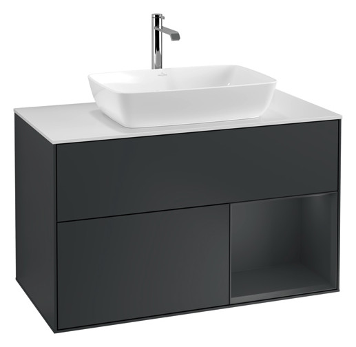 V&B Waschtisch-Unterschrank Wandbeleuchtung Finion 100cm, Abdeckplatte white matt, Regal Midnight matt lacquer, Midnight Blue Matt Lacquer