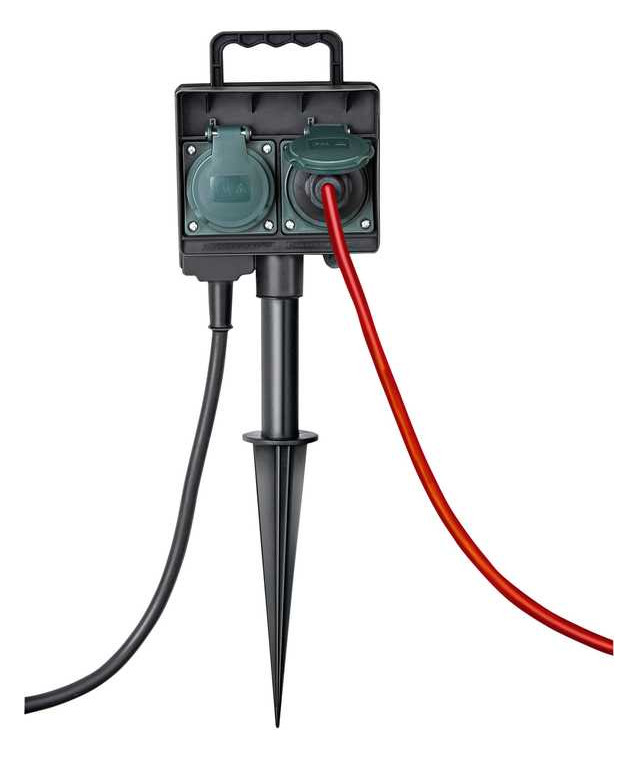 Gartensteckdose 2f sw 1,4m IP44 m.Erdspieß Mit Erdspieß
