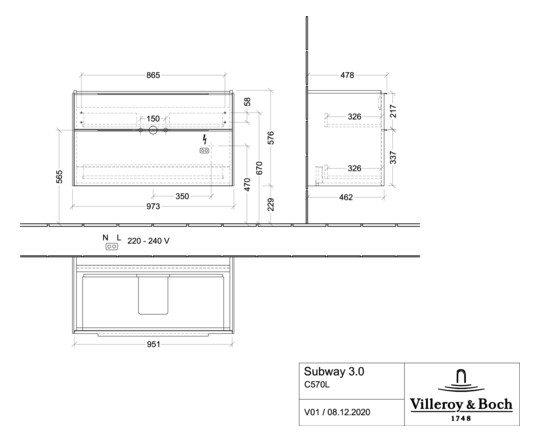 V&B Waschtisch-Unterschrank Subway 3.0 97,3x57,6x47,8cm, mit LED/Griff Volcano black, cashmere grey