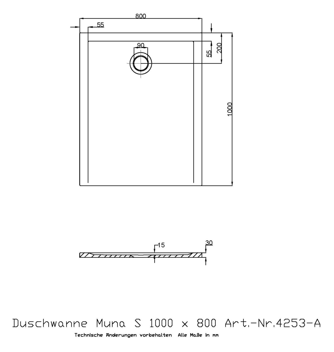 Hoesch Mineralguss-Duschwanne Muna S 100 x 80 x 3 cm, weiß, ohne Antirutsch