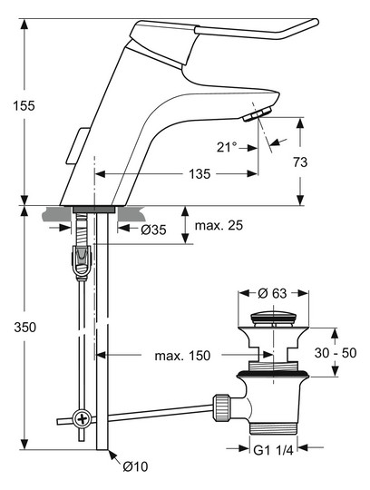 Ideal-Standard Waschtisch-Einhebelmischer CeraMix Blue Bügelhebel, Cu-Rohr, mit Metall-Ablaufgarnitur, chrom