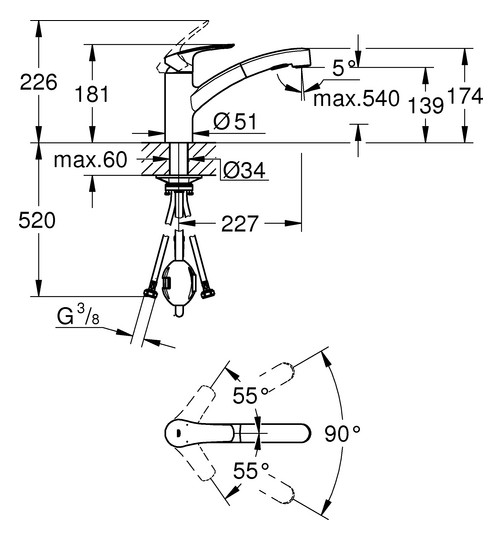 GROHE Spültisch-Einhebelmischer Eurosmart 1/2", flacher Auslauf, herausziehbare Dual Spülbrause, chrom