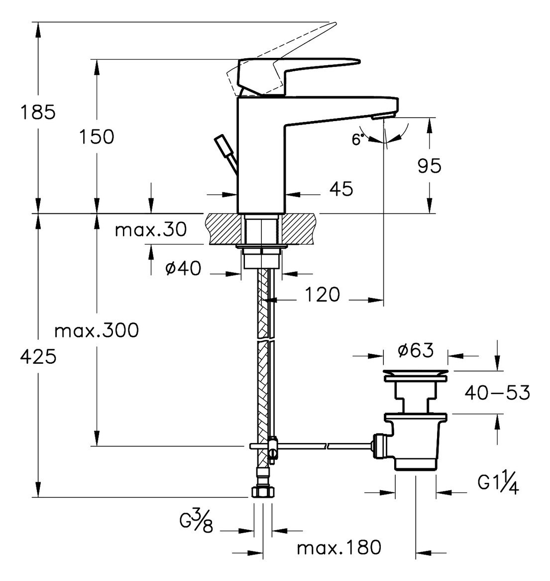 VitrA Bad Waschtisch-Einhebelmischer Root Square Ausladung 120mm, kurz, Einlochmontage, mit Ablaufgarnitur, Nickel gebürstet