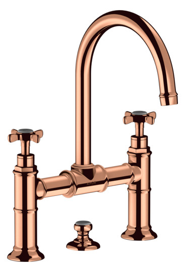 hansgrohe 2-Griff-Waschtisch-Brücken-Armatur 220 Axor Montreux Ausladung 175mm, mit Kreuzgriffe, Zugstangen-Ablaufgarnitur, polished red gold
