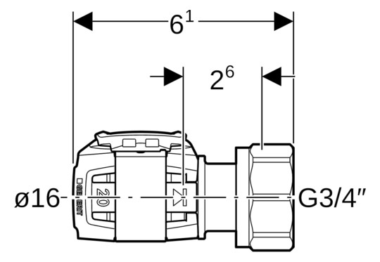 Geberit Verteilerabgang FlowFit Ø 16 mm x G 3/4, 61 mm, für Eurokonus