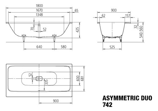 Kaldewei Badewanne ASYMMETRIC DUO 742 180x90cm, Grifflochbohrung, alpinweiß matt