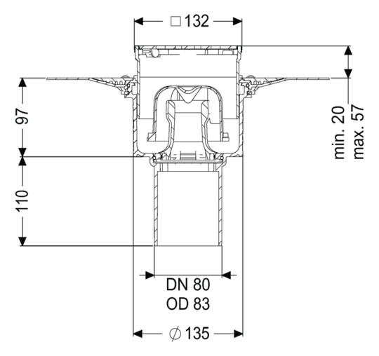 Kessel Boden-Deckenablauf Ecoguss DN 80, Designrost Kessel, Auslauf senkrecht, mit Klebeflansch
