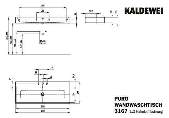 Kaldewei Wand-Waschtisch PURO 3167, 120 x 46 cm, warm grey 10 Perl-Effekt, mit Überlauf, 3 Hahnlöcher