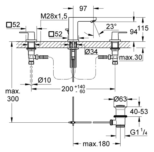 GROHE Waschtisch-3-Loch-Armatur Eurocube 1/2", mit Ablaufgarnitur, hard graphite gebürstet