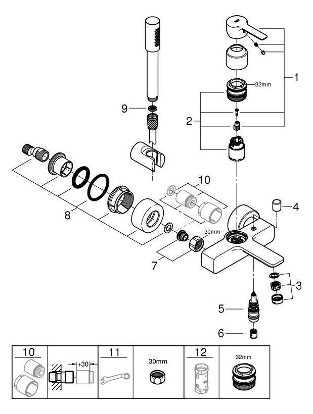 GROHE Wannen-Einhebelmischer Lineare 1/2", mit Brausegarnitur, Wandmontage, chrom