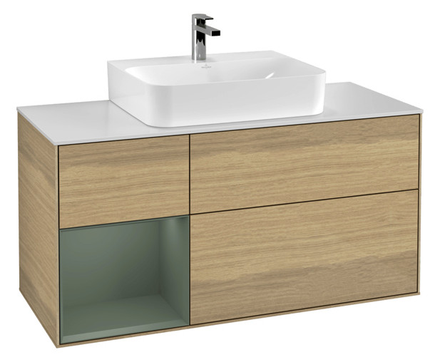 V&B Waschtisch-Unterschrank Finion 120cm, Abdeckplatte white matt, Regal links Olive Matt Lacquer, Oak Veneer V&B Waschtisch-Unterschrank Finion 120cm, Abdeckplatte white matt, Regal links Olive Matt Lacquer, Oak Veneer