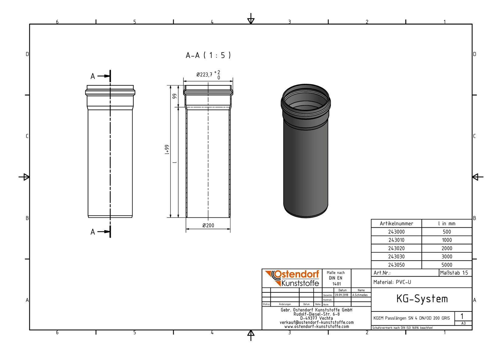 Ostendorf KG Rohr SN 4 EM DN/OD 200 x 4,9 mm, 500 mm, mit Steckmuffe/Lippendichtung
