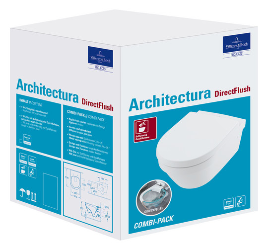 V&B Combi-Pack-Wand-Tiefspüler Architectura 37x53cm, oval, wandhängend, Abgang waagerecht, mit WC-Sitz, weiß
