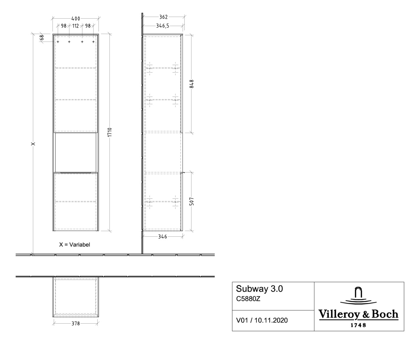 V&B Hochschrank Subway 3.0 40x171x36,2cm, Schanier links/Griff Volcano black, graphite