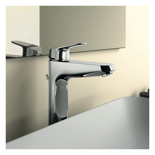Ideal-Standard Waschtisch-Einhebelmischer CeraFlex chrom, verlängerter Sockel, mit Ablaufgarnitur, Ausladung 140mm