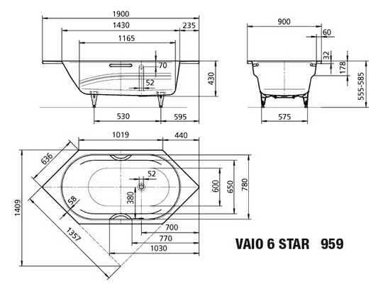 Kaldewei Badewanne VAIO 6 STAR 959 190x90cm, Griffloch, Perl-Effekt, SÜL, Ruschhemmend, bahamabeige