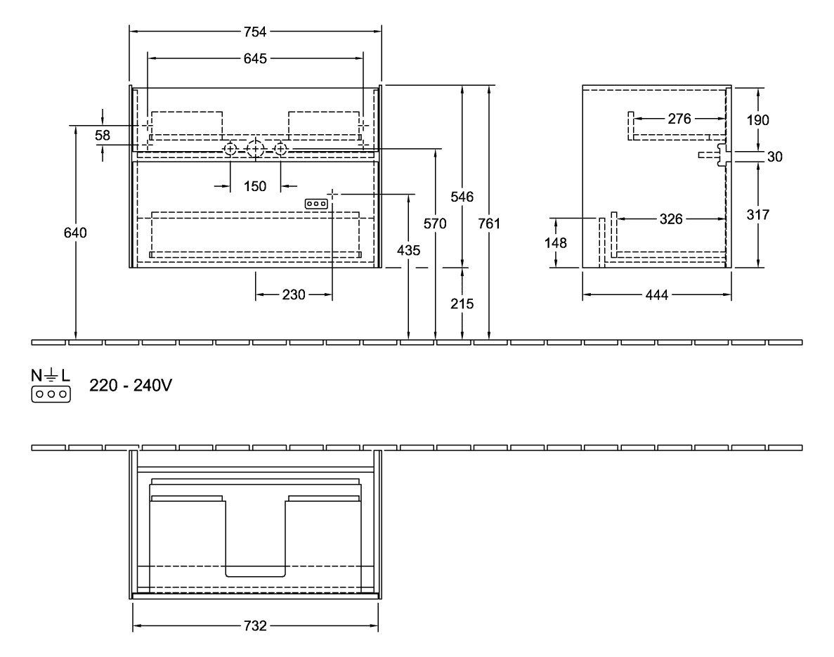 V&B Waschtischunterschrank Collaro 75,4x54,6x44,4cm, Waschbecken mittig, LED-Beleuchtung, truffle grey