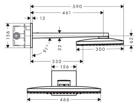 hansgrohe Kopfbrause Axor mit Brausearm, eckige Rosette, 460x300mm, 3jet, polished gold optic