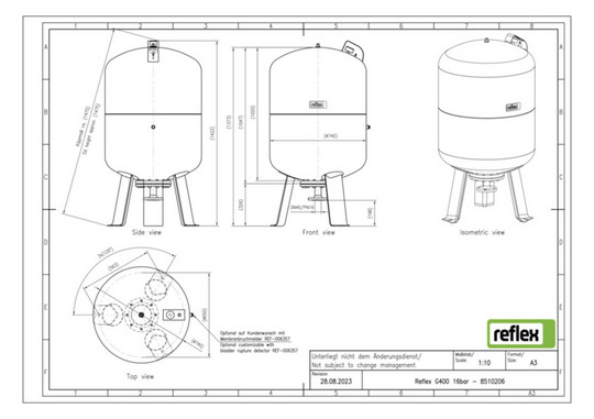 Reflex Membran-Druckausdehnungsgefäß G 400, 16 bar/70 °C, DN 40/PN 16, grau