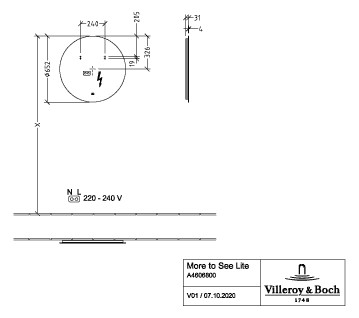 V&B Spiegel MORE TO SEE LITE 65 x 65 x 3,1 cm, 17,28 W, mit LED-Beleuchtung
