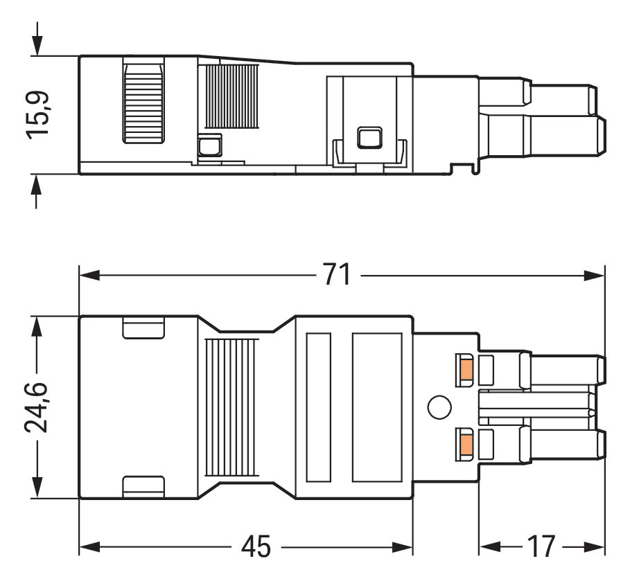 Steckverbinder Gebäude 2p Serie 770 25A Federzug 250V Buchse 4qmm Ø10,5mm hfr L