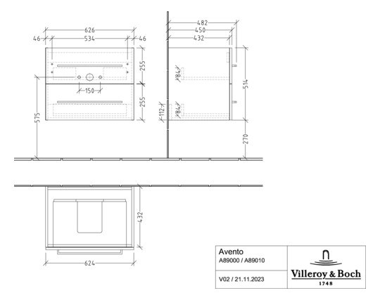 V&B Waschtisch-Unterschrank Avento 63x51,4x48,4cm, 2 Auszüge, wandhängend, Griff Chrome Glanz, Kansas Oak