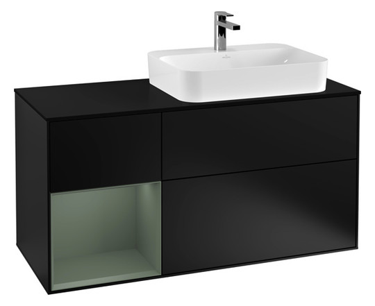 V&B Waschtisch-Unterschrank Wandbeleuchtung Finion 120cm, Abdeckplatte black matt, Regal links Olive Matt Lacquer, Black matt lacquer