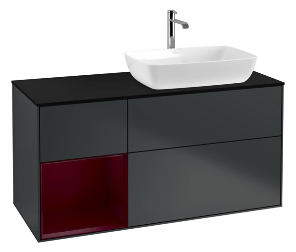 V&B Waschtisch-Unterschrank Finion 120cm, Abdeckplatte black matt, Regal Peony matt lacquer, Midnight Blue Matt Lacquer