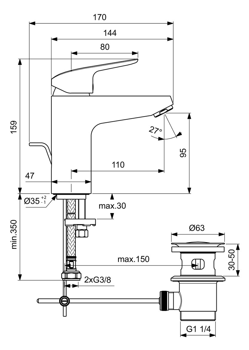 Ideal-Standard Waschtisch-Einhebelmischer CeraFlex Grande mit Ablaufgarnitur, Ausladung 110mm, chrom