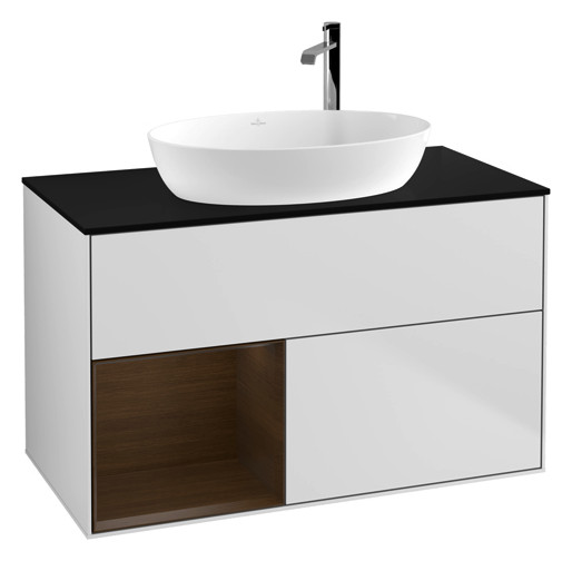 V&B Waschtisch-Unterschrank Wandbeleuchtung Finion 100cm, Abdeckplatte black matt, Regal Walnut Veneer, White matt lacquer