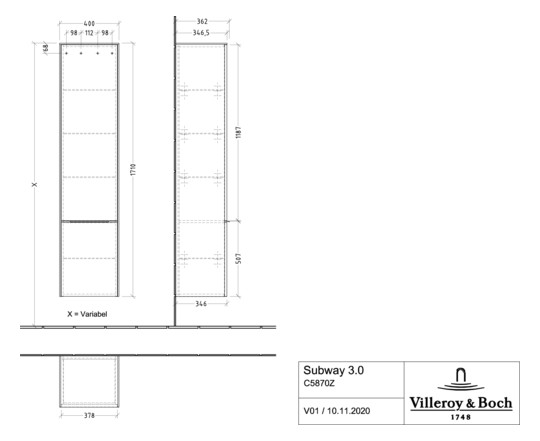 V&B Hochschrank Subway 3.0 40x171x36,2cm, Schanier rechts/Griff Volcano black, cashmere grey