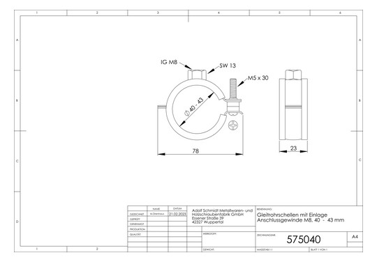 ASW Gleitrohrschelle Spannbereich 40-43 mm M 8, mit Schallschutzeinlage