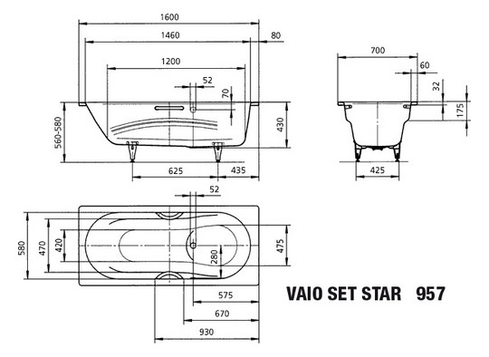 Kaldewei Badewanne VAIO SET STAR-957 160x70cm, Überlaufloch gegenüberliegend, schwarz