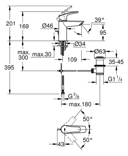 GROHE Waschtisch-Einhebelmischer Eurosmart 1/2", S-Size, mit Hybrid-Zugstangen-Ablaufgarnitur, chrom
