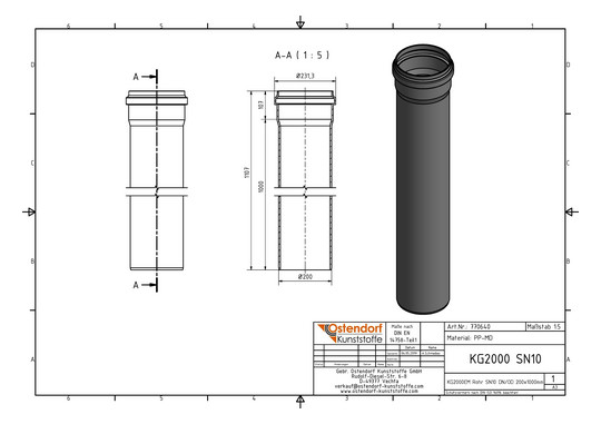 Ostendorf KG2000 Rohr SN 10 EM DN/OD 200, 1000 mm, mit Muffe