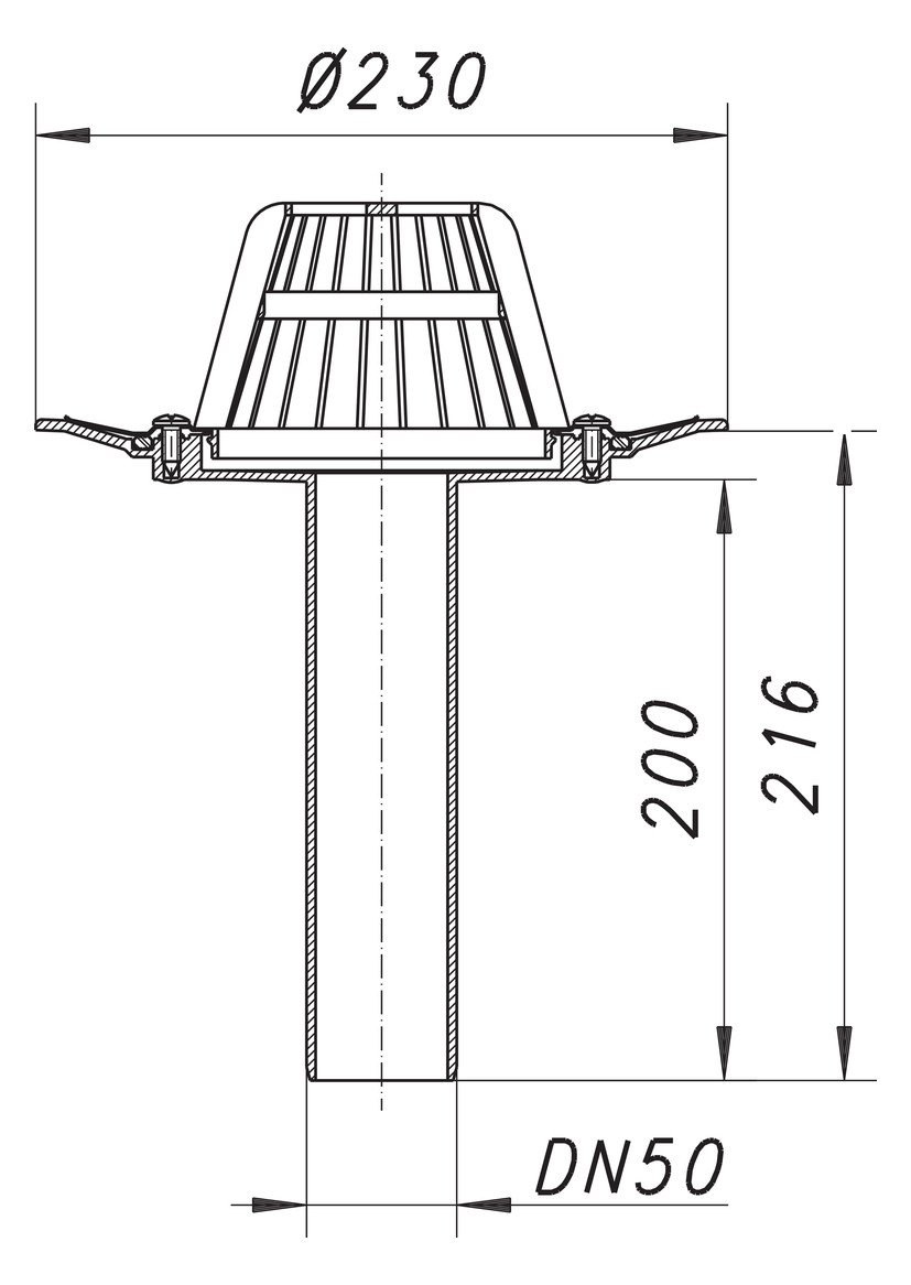 Dallmer Dachablauf 84 D Schraubflansch DN 50, Ablaufstutzen senkrecht, Edelstahl-Flanschring