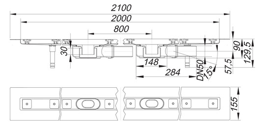 Dallmer Duschrinne CeraLine Plan F Duo 2000, L1 2000/L2 2100/L3 800 mm, DN 50