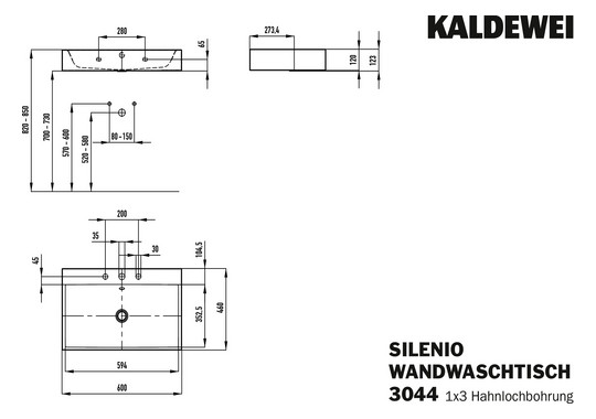 Kaldewei Wand-Waschtisch SILENIO 3044, 60 x 46 x 12 cm, cool grey 70, mit Überlauf, 3 Hahnlöcher