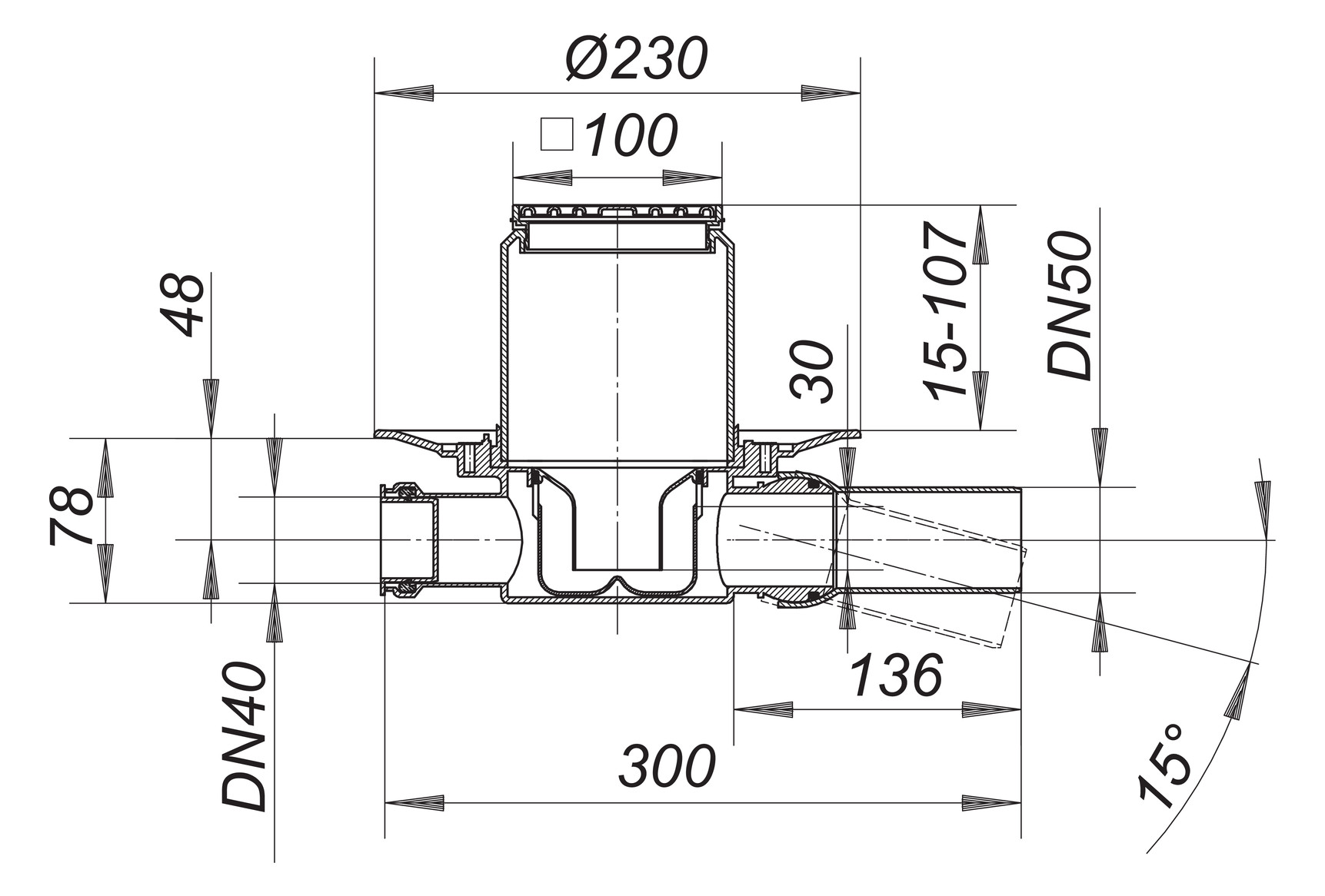 Dallmer Bodenablauf 42 SE Serie 10 100 x 100 mm, DN 50, Zulauf DN 40, Polypropylen, hochschlagfest