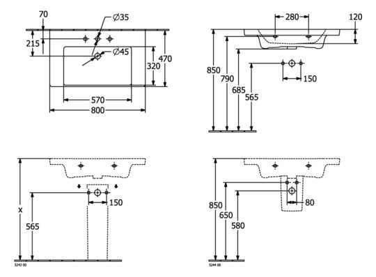 V&B Schrank-Waschtisch Subway 3.0 80x47cm, eckig, mit 1 Hahnloch/ohne Überlauf, stone white C-plus