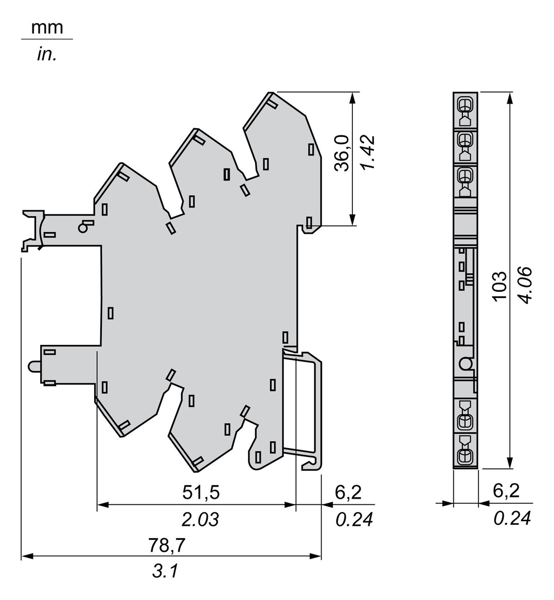 Relaissockel Federzug TS35 5Pins Hutschiene TH35 6,2x78,6x101mm