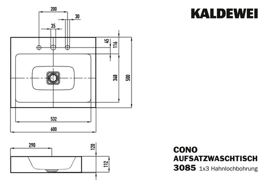 Kaldewei Aufsatz-Waschtisch CONO 3085, 60 x 50 x 12 cm, warm grey 60, ohne Überlauf, 3 Hahnlöcher