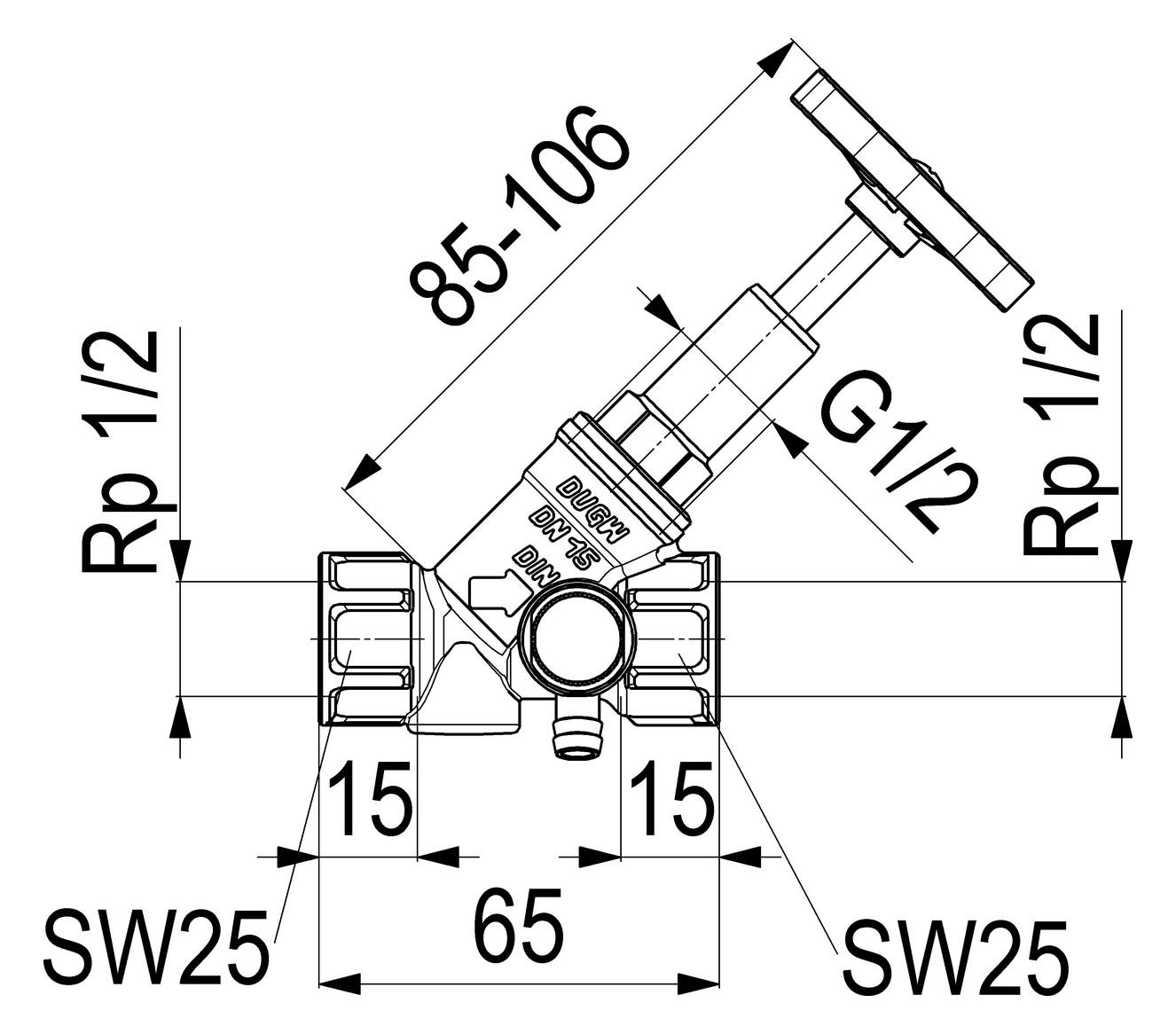 Schlösser Freistromventil 1510 DN 15, Rp 1/2, mit Entleerung, steigende Spindel