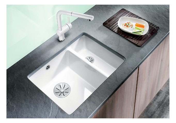 Blanco Becken Subline 350/150-U 56,7 x 45,6 cm, Keramik PuraPlus magnolia glänzend, Hauptbecken links, ohne Ablauffernbedienung