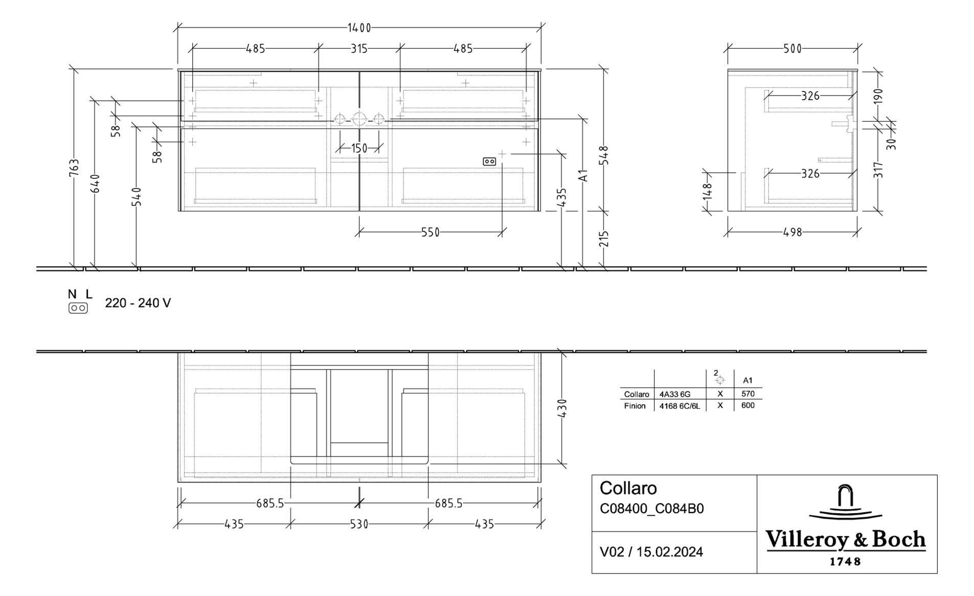 V&B Waschtischunterschrank Collaro 140x54,8x50cm, Waschtisch mittig, LED-Beleuchtung 10,4 W, nordic oak