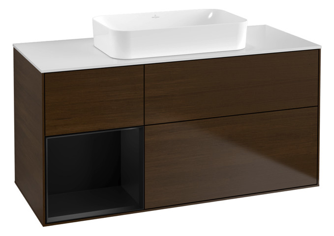 V&B Waschtisch-Unterschrank Finion 120x60,3x50,1cm, Regal links Black matt lacquer, Walnut veneer