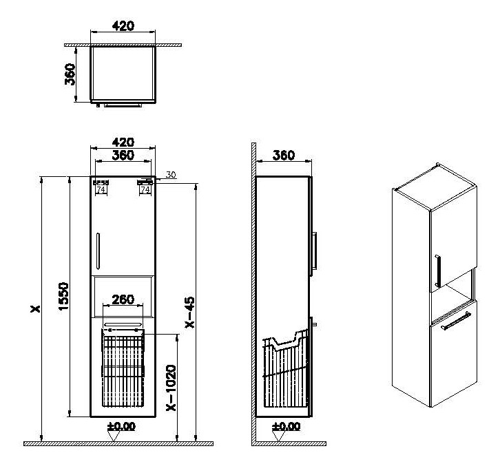 VitrA Bad Hochschrank Root Flat 42x36x155cm, Türanschlag rechts, mit Wäschekorb, Korpus Eiche Natur VitrA Bad Hochschrank Root Flat 42x36x155cm, Türanschlag rechts, mit Wäschekorb, Korpus Eiche Natur