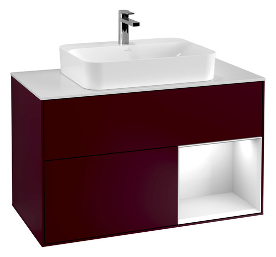 V&B Waschtisch-Unterschrank Finion 100cm, Abdeckplatte white matt, Regal rechts Glossy white lacquer, Peony Matt