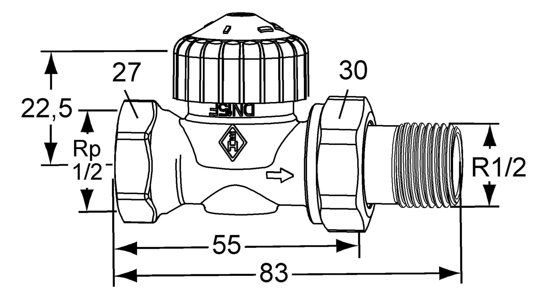 Heimeier Thermostat-Ventilunterteil V-exact II Rp 3/4 x R 3/4, Durchgang, verkürzt, Messing
